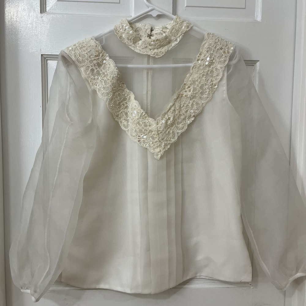VTG Patra‎ Embellished Blouse Organza Lace Pintuck Shoulder Pads Feminine Sz 10